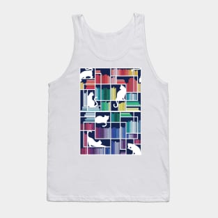 Rainbow bookshelf // navy blue background white shelf and library cats Tank Top